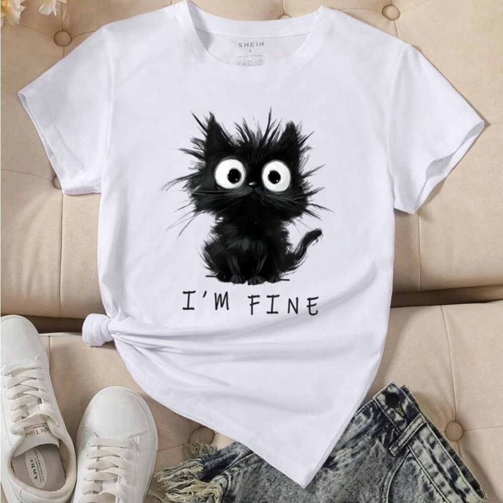 White Tee with Black Cat Graphic